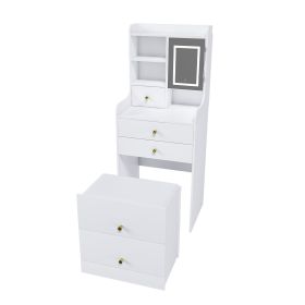 3 In 1 White Vanity Desk Set with LED Light Mirror & Hidden Storage Stool, Compact Multi-Functional Makeup Dressing Table for Bedroom