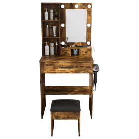 Vanity Desk Set with LED Lighted Mirror, Padded Stool, Power Outlet & Hair Dryer Holder, Compact Makeup Vanity for Small Bedroom (Option: VanityDeskVintageOLFC0027)