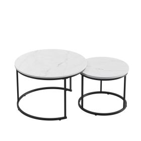 27.56in Nesting Coffee Table Set of 2 Round Coffee Tables with Marble Pattern MDF Top Metal Frame Space Saving Nesting End Tables 120LBS Max Load for (Option: TableSetWhiteBlackOLFC0020)