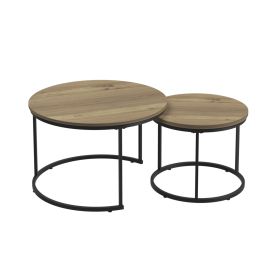 27.56in Nesting Coffee Table Set of 2 Round Coffee Tables with Marble Pattern MDF Top Metal Frame Space Saving Nesting End Tables 120LBS Max Load for (Option: TableSetBrownBlackOLFC0020)