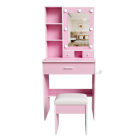 Vanity Desk Set with LED Lighted Mirror, Padded Stool, Power Outlet & Hair Dryer Holder, Compact Makeup Vanity for Small Bedroom (Option: VanityDeskPinkOLFC0027)