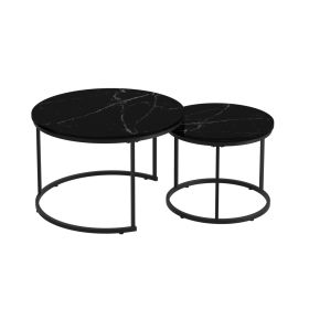 27.56in Nesting Coffee Table Set of 2 Round Coffee Tables with Marble Pattern MDF Top Metal Frame Space Saving Nesting End Tables 120LBS Max Load for (Option: TableSetBlackBlackOLFC0020)