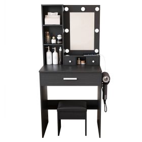 Vanity Desk Set with LED Lighted Mirror, Padded Stool, Power Outlet & Hair Dryer Holder, Compact Makeup Vanity for Small Bedroom (Option: VanityDeskBlackOLFC0027)