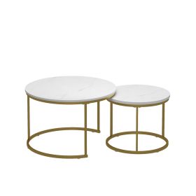 27.56in Nesting Coffee Table Set of 2 Round Coffee Tables with Marble Pattern MDF Top Metal Frame Space Saving Nesting End Tables 120LBS Max Load for (Option: TableSetWhiteGoldOLFC0020)