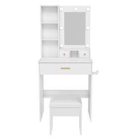 Vanity Desk Set with LED Lighted Mirror, Padded Stool, Power Outlet & Hair Dryer Holder, Compact Makeup Vanity for Small Bedroom (Option: VanityDeskWhiteOLFC0027)